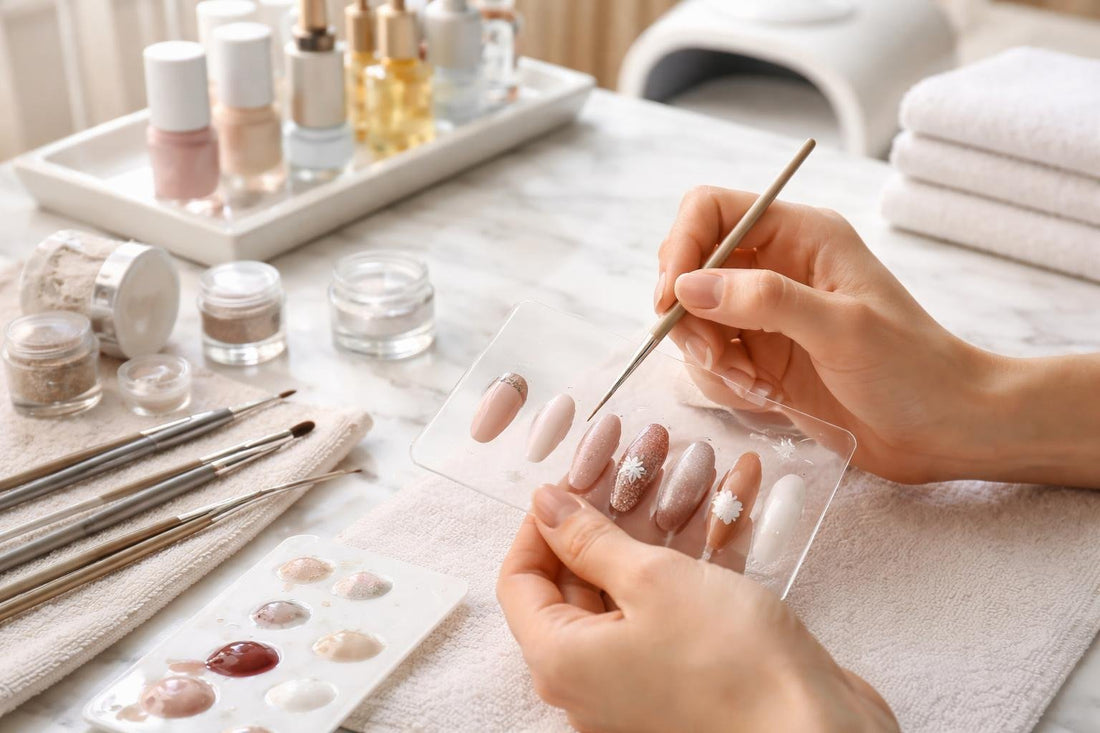 Toronto nail technician practicing fine brushwork on swatch tips
