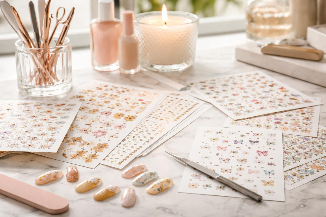 close-up of nail art stickers and decals