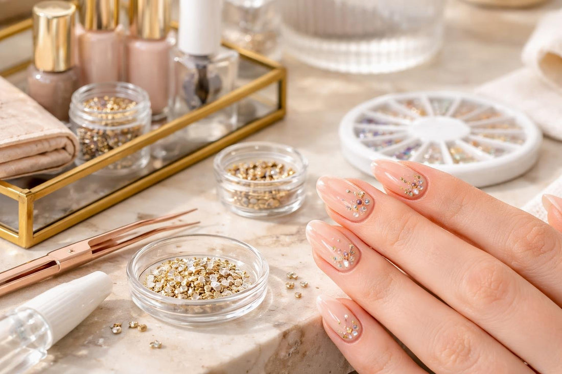 Close-up of nail art studs on manicured nails
