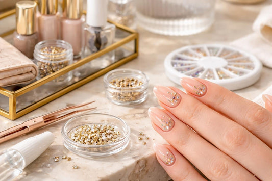 Close-up of nail art studs on manicured nails
