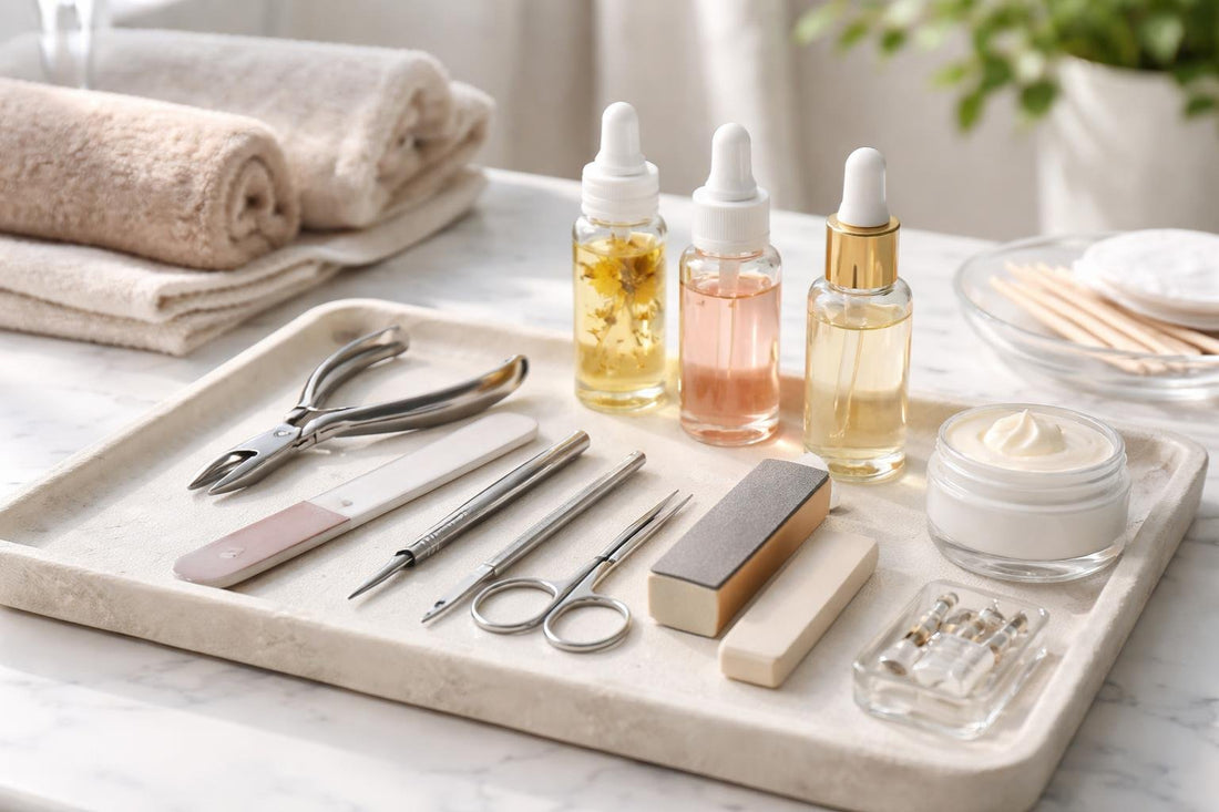 Assorted nail care tools and cuticle oils
