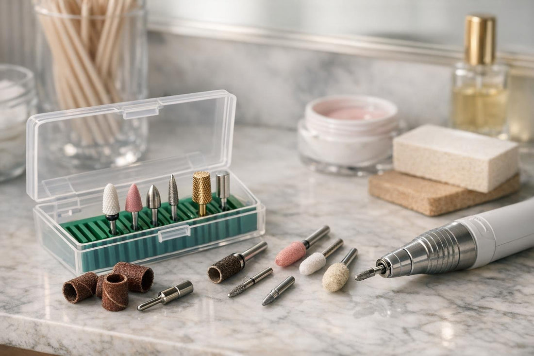 assorted electric nail drill bits and organizer for beginners