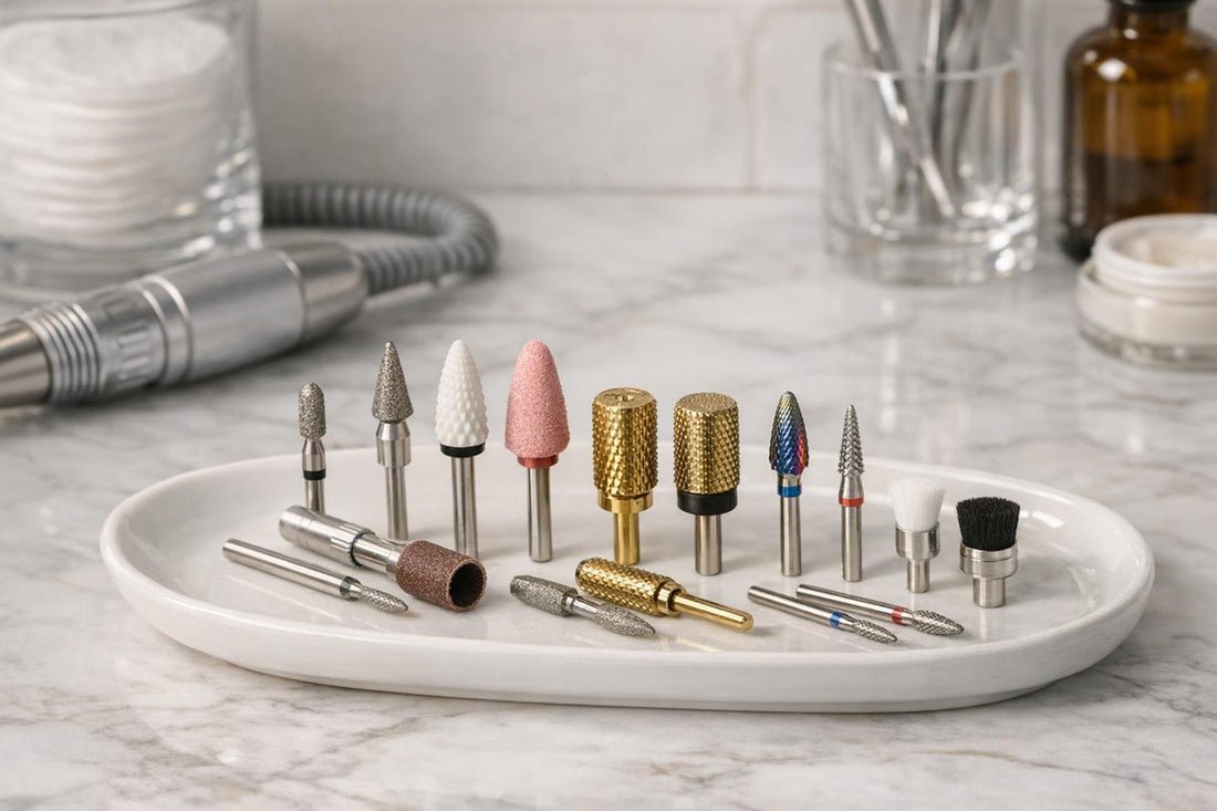 assorted electric nail drill bits set on tray