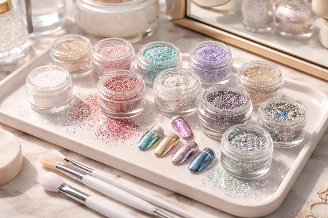 assorted nail art glitter powders and chrome pigments