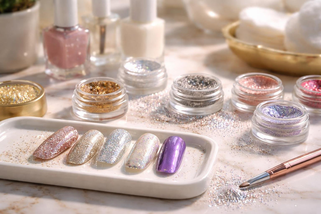 Close-up glitter nail art with chrome powders