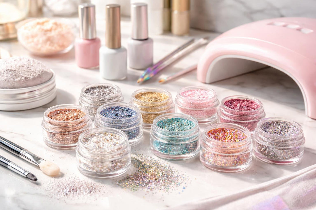 assorted chrome and holographic nail glitters
