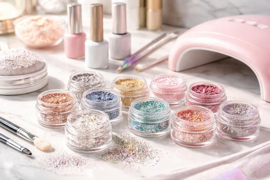 assorted chrome and holographic nail glitters