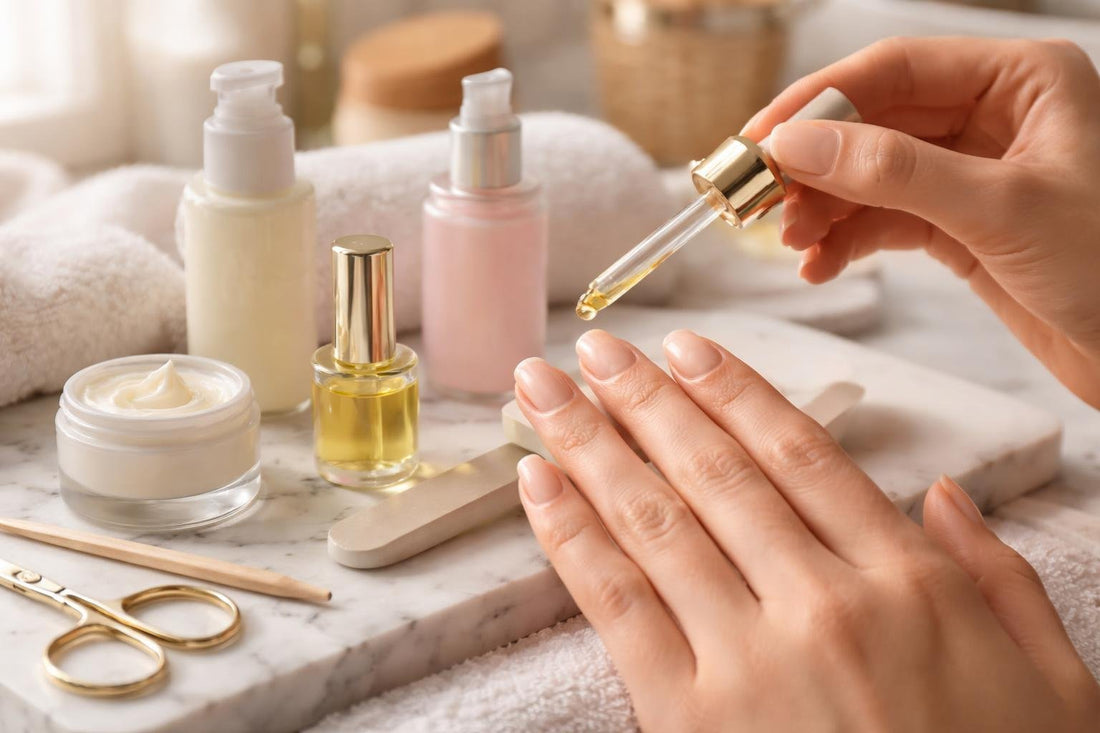 close-up of hydrated healthy nails with cuticle oil