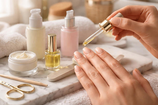 close-up of hydrated healthy nails with cuticle oil