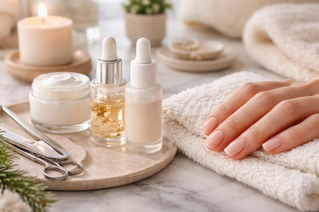 Close-up of healthy winter nails and serums on table