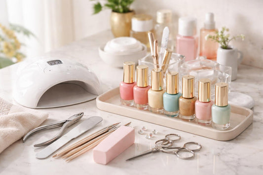 home manicure tools and colorful polish set
