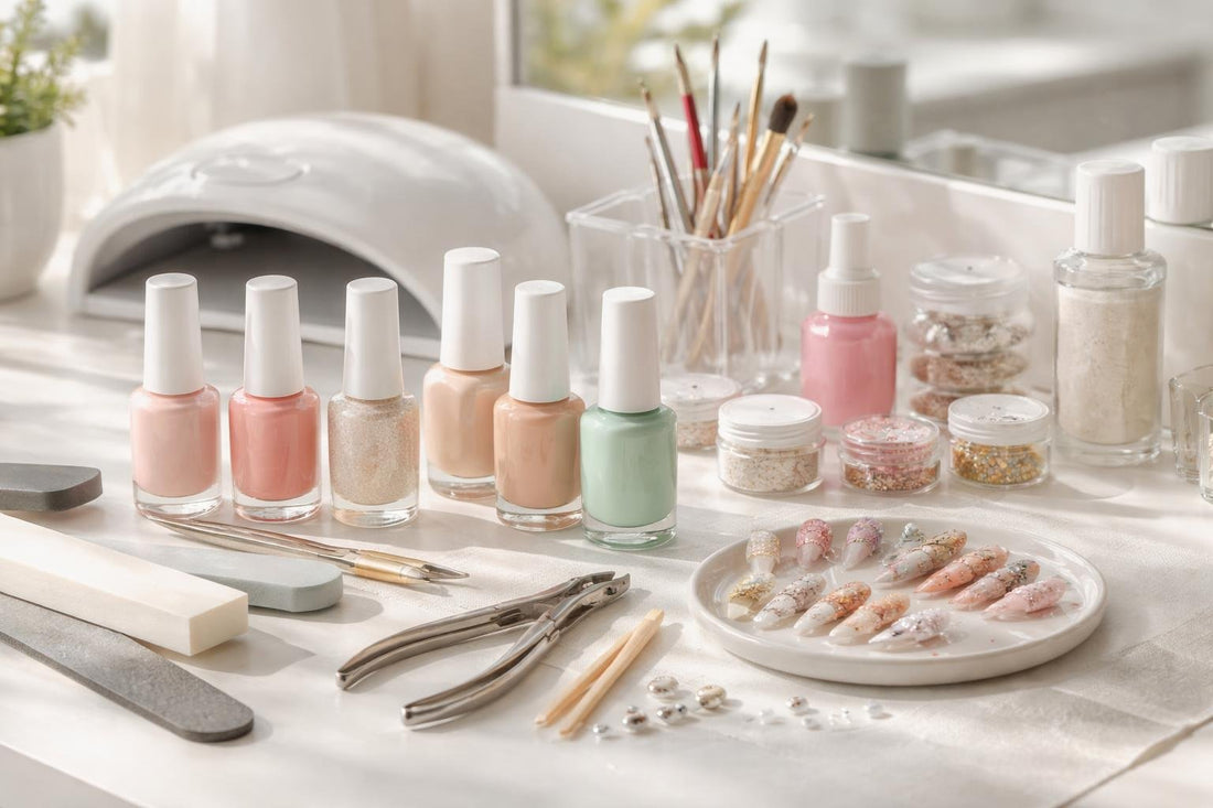 assorted nail polish, press-ons and application tools