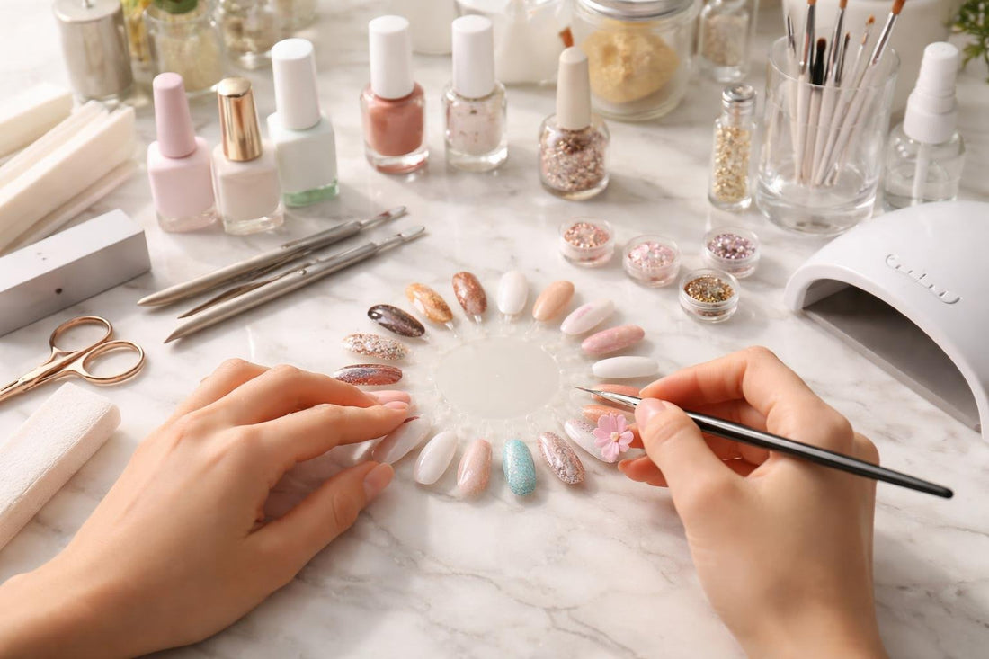 beginner practicing nail art with display wheel