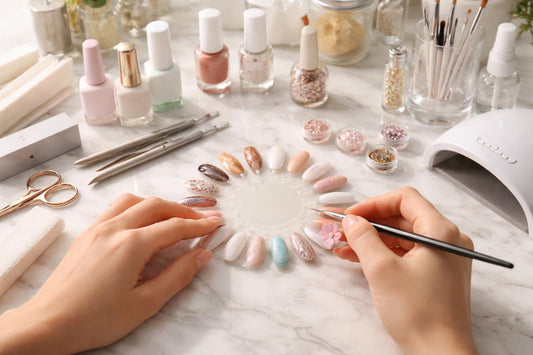 beginner practicing nail art with display wheel
