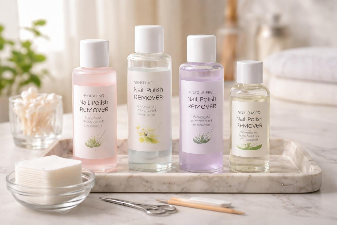 assortment of nail polish removers and lint-free wipes
