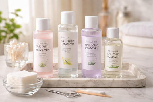 assortment of nail polish removers and lint-free wipes