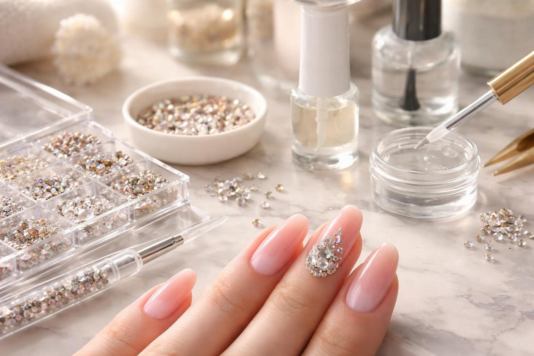 Close-up rhinestone nail art on manicured nails