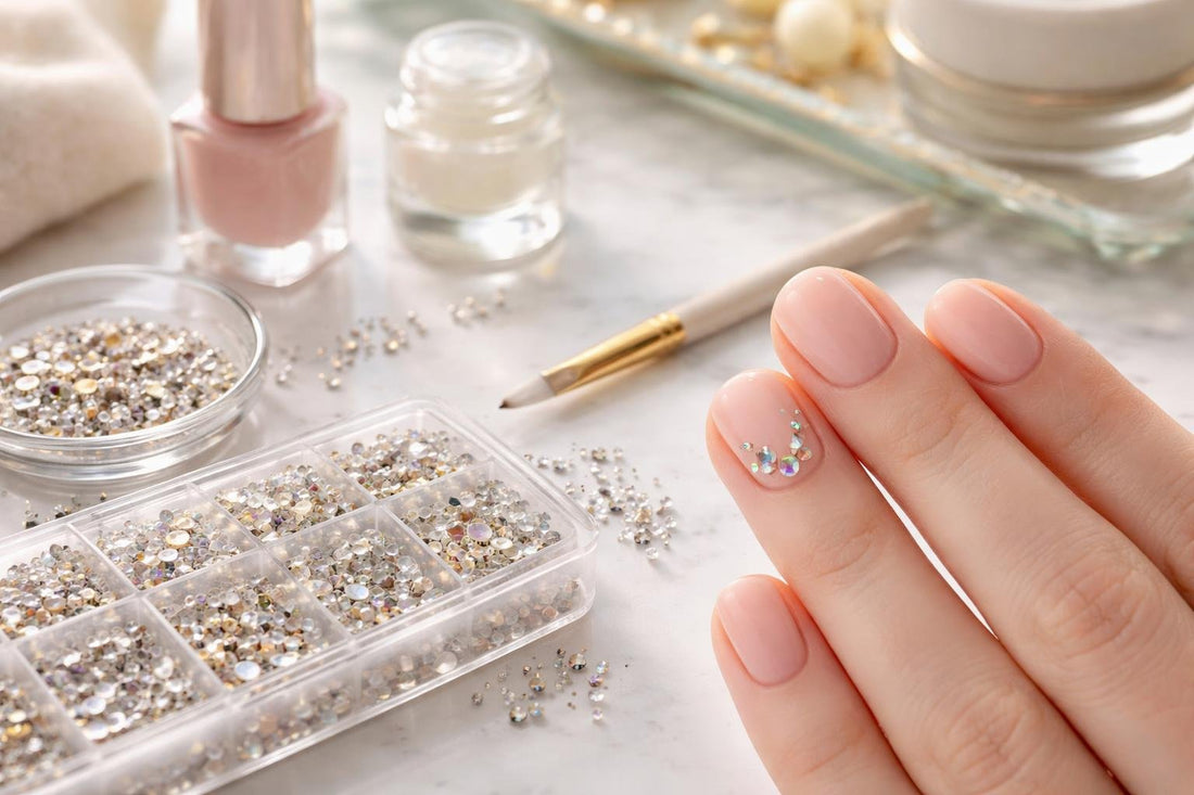 Close-up short nail with small rhinestone accents