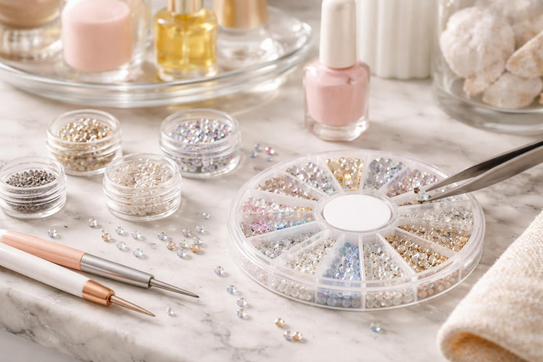 assorted nail art rhinestones and manicure tools