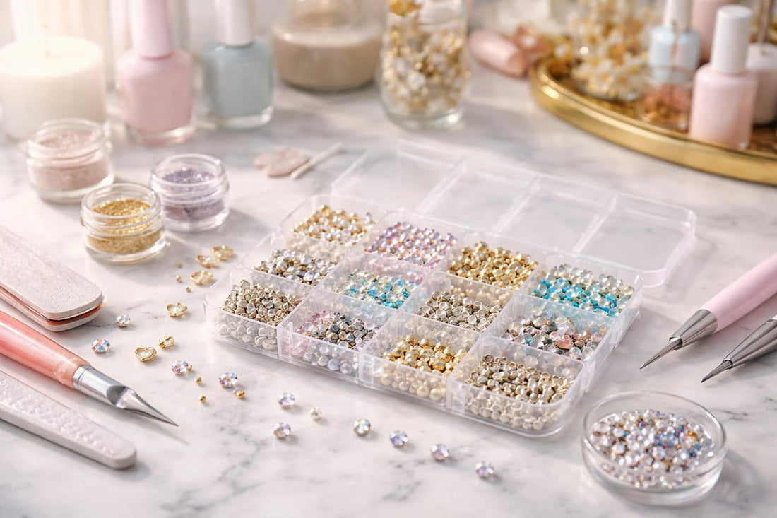 assorted nail art rhinestones and tools close-up