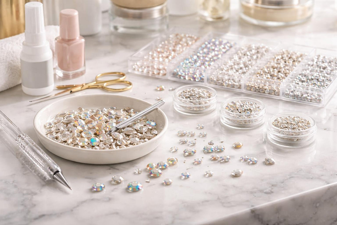 Assorted nail art rhinestones in sizes and shapes
