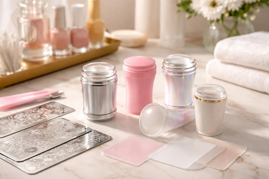 collection of nail art stampers and scrapers