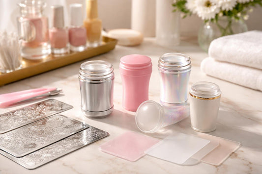 collection of nail art stampers and scrapers