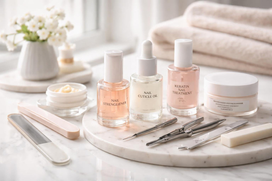 Assorted nail strengthening essentials and care tools
