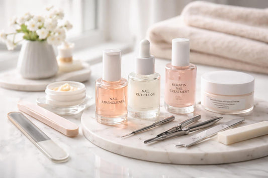 Assorted nail strengthening essentials and care tools