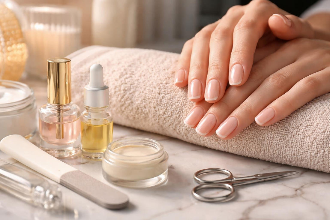 Close-up of strengthened natural nails and products