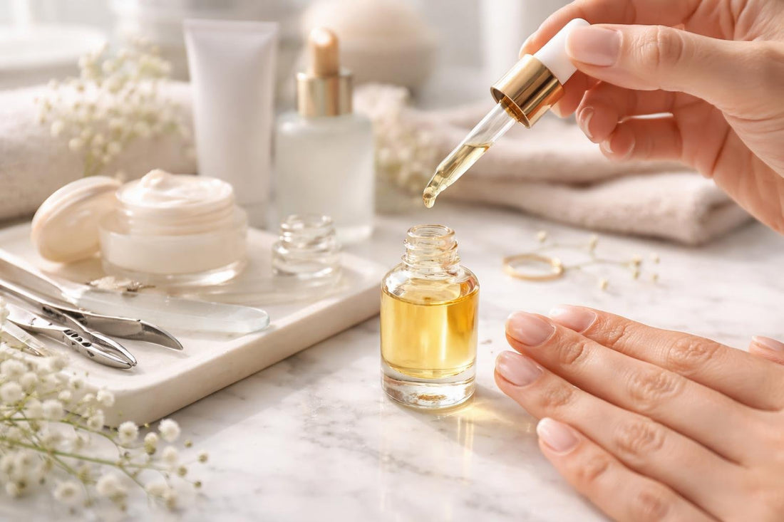 Close-up of strengthened nails with cuticle oil bottle