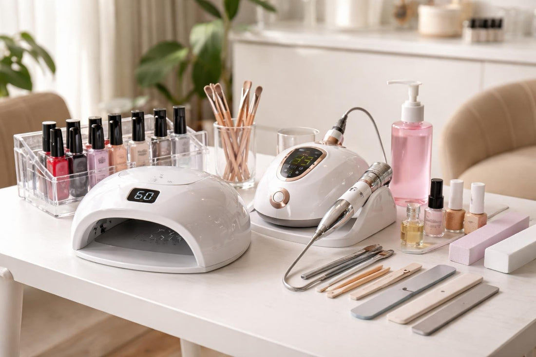 professional nail studio set kit on small salon table