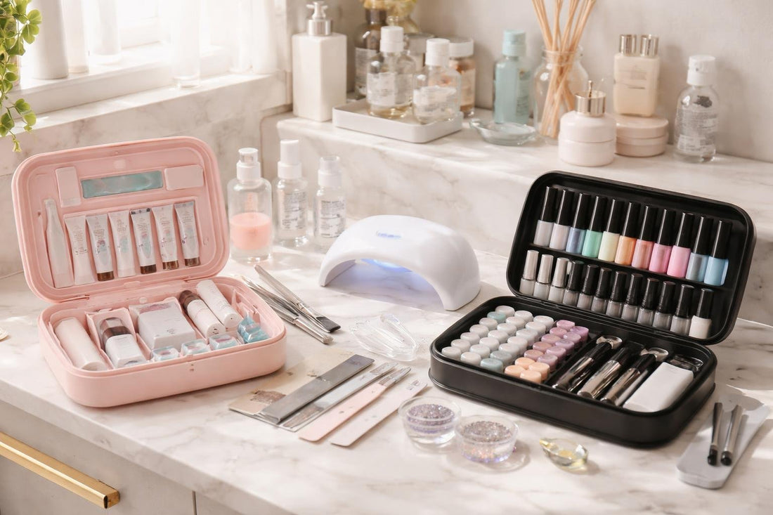 Professional nail studio set and tools on counter