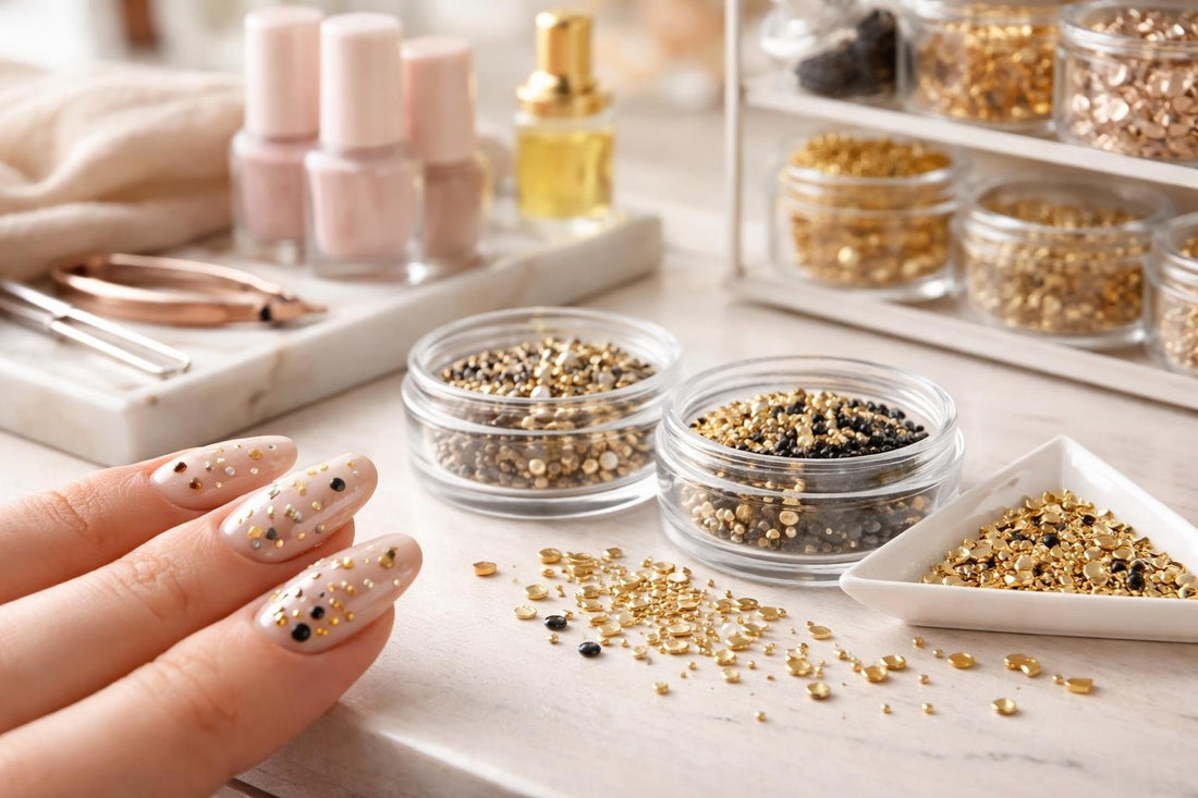 close-up gold and black nail studs on manicure