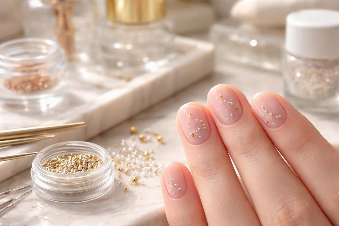 Close-up of studded short nail manicure