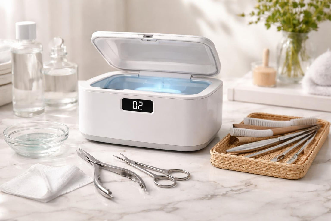 Clean manicure tools arranged beside a compact sterilizer
