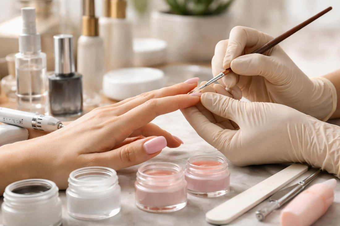 Pro nail tech applying gel acrylic overlay