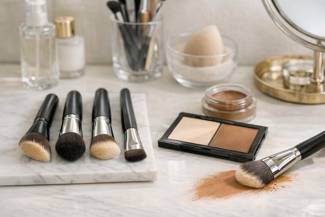 Contour brushes shaping cheekbones with soft natural blending