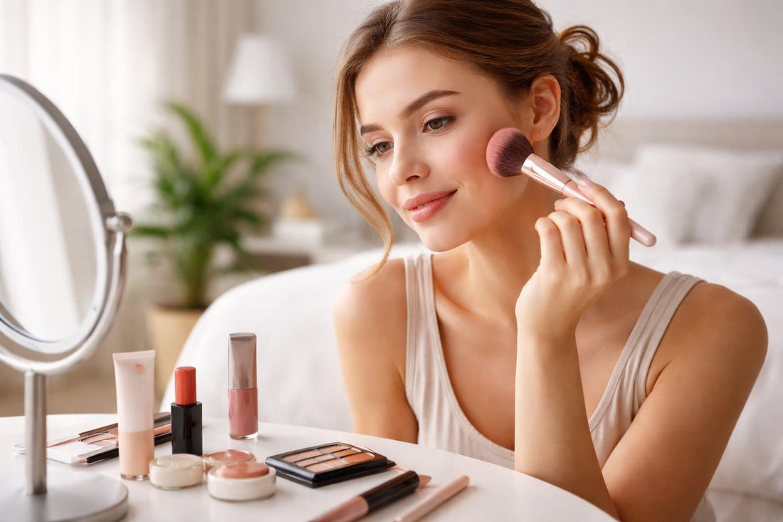 Beginner applying natural everyday makeup with soft blush