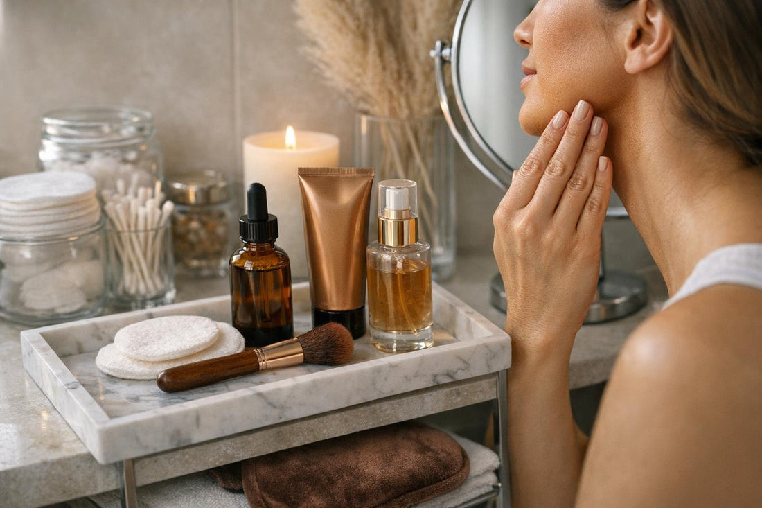 Applying facial self tanner evenly along jawline and cheeks