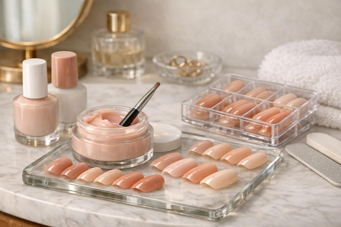 Natural-looking false nail gels in soft nude tones