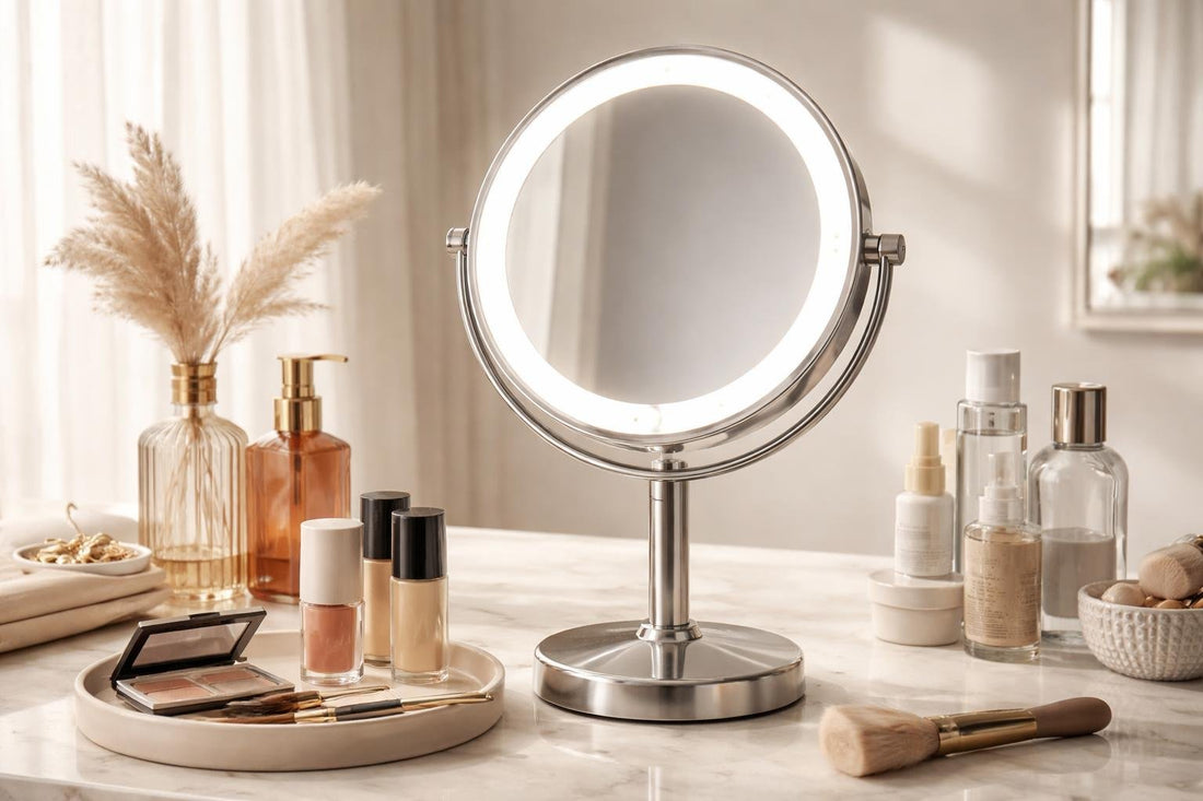 Lighted personal makeup mirror for natural light makeup routine