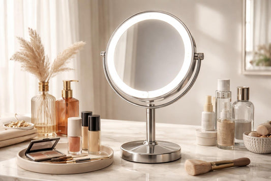 Lighted personal makeup mirror for natural light makeup routine