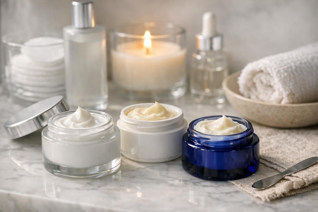 Close-up jars of facial night creams for dry sensitive skin
