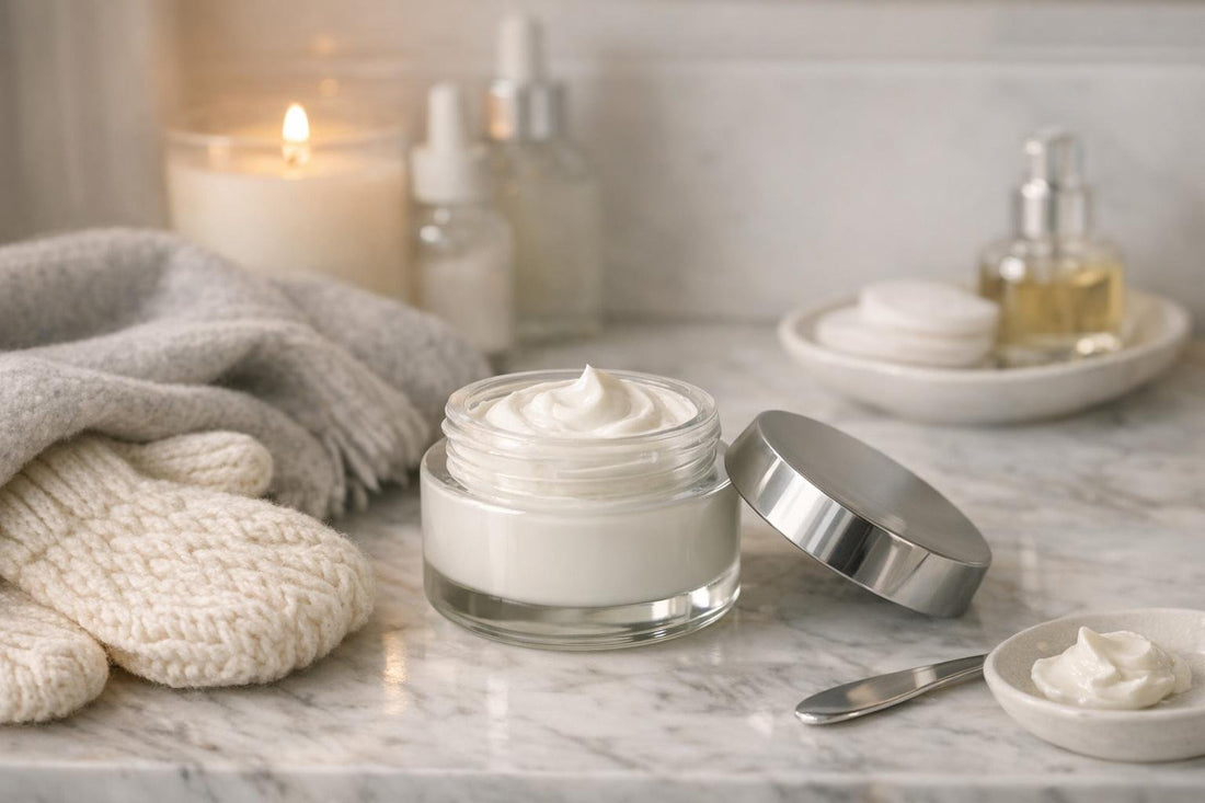 Night cream jar beside winter scarf and mittens