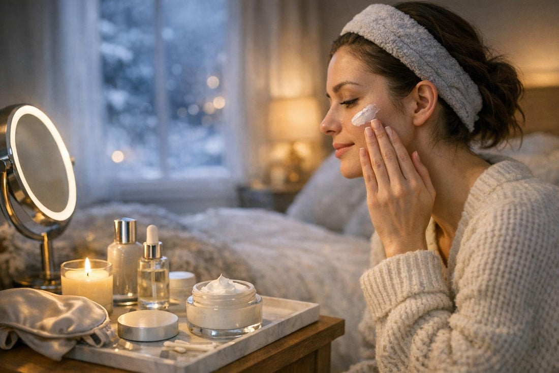 Woman applying night cream in a winter bedroom