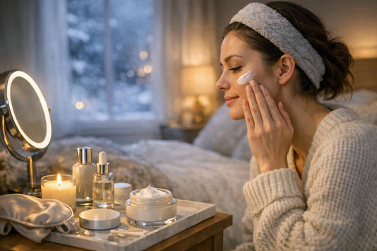 Woman applying night cream in a winter bedroom