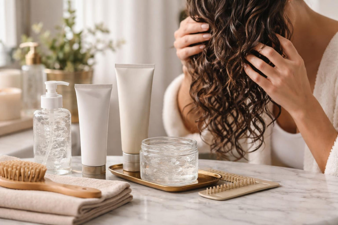 Applying hair gel to damp curls for soft hold
