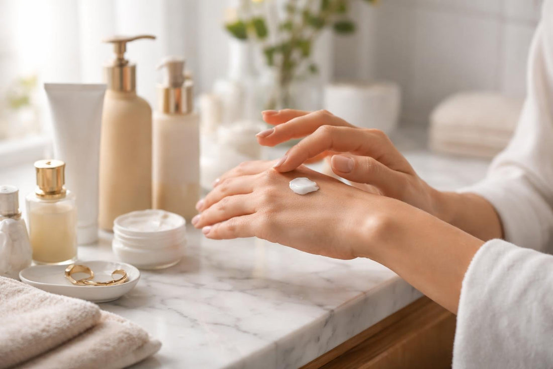 Applying hand cream to backs of hands for fast absorption