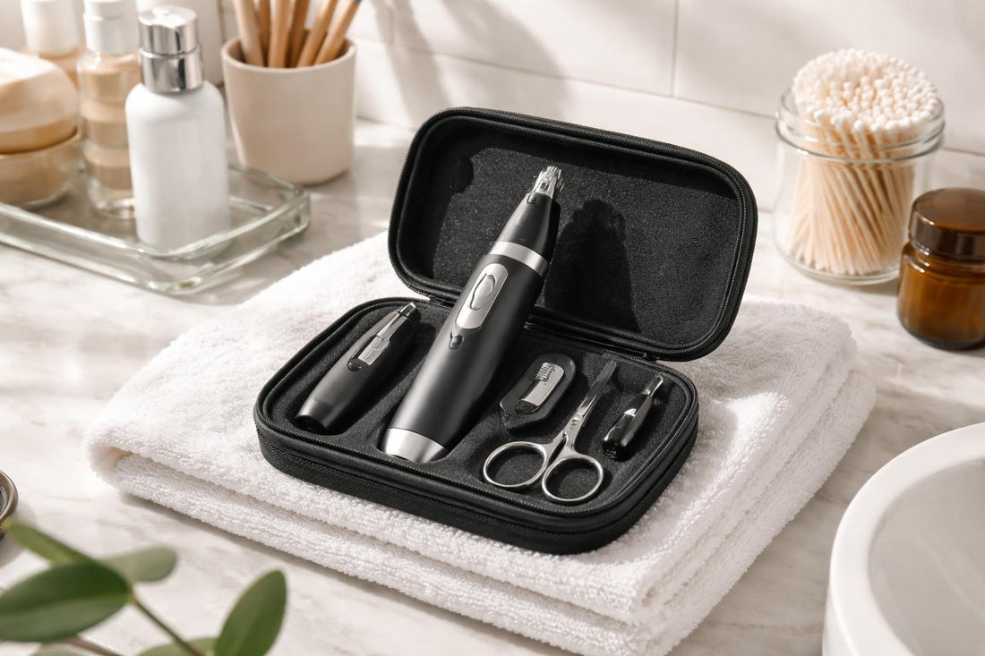 compact nose and ear trimmer kit on towel